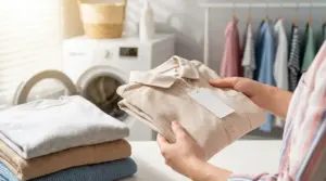 Persona con camicia nuova ancora etichettata davanti alla lavatrice, pronta per il primo lavaggio