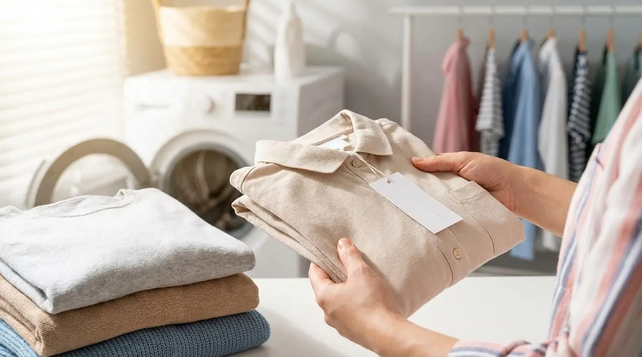 Persona con camicia nuova ancora etichettata davanti alla lavatrice, pronta per il primo lavaggio