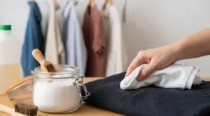 Mano che tampona un capo scuro con un panno, accanto a un barattolo di bicarbonato e una spazzola per tessuti