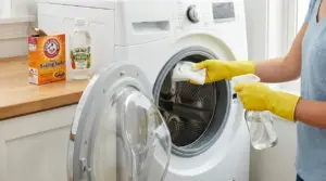 Persona pulisce l'oblò della lavatrice con panno e spray, accanto a bicarbonato e aceto