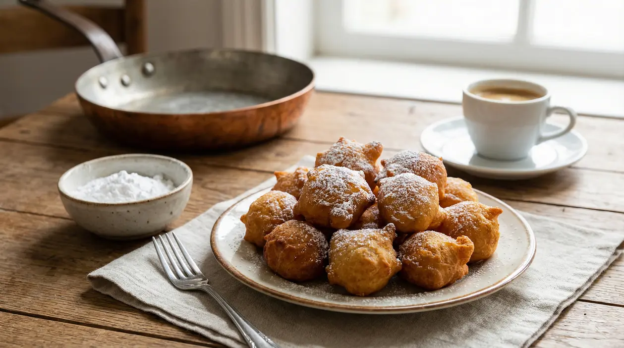 Piatto di frittelle dorate con zucchero a velo su tavolo rustico accanto a una tazza di caffè