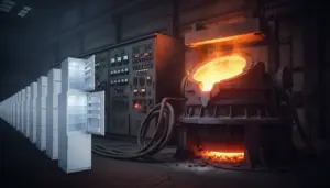 Forno industriale per fusione incandescente accanto a una fila di frigoriferi, confronto dei consumi energetici