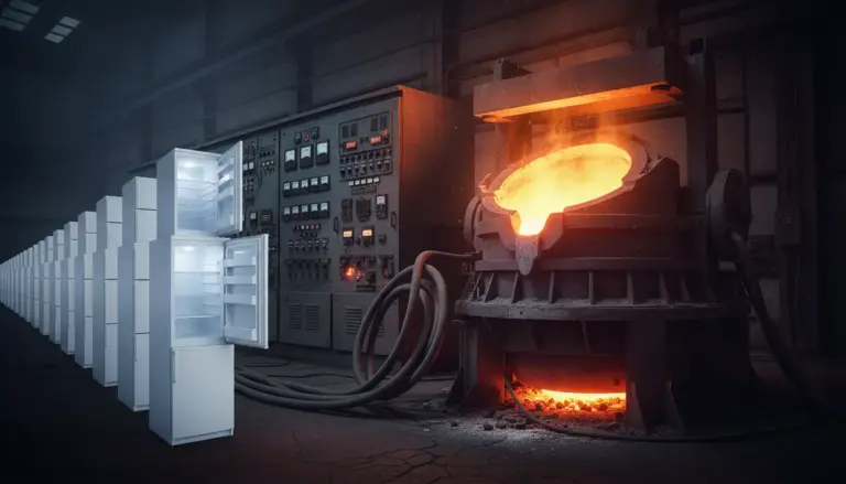 Forno industriale per fusione incandescente accanto a una fila di frigoriferi, confronto dei consumi energetici