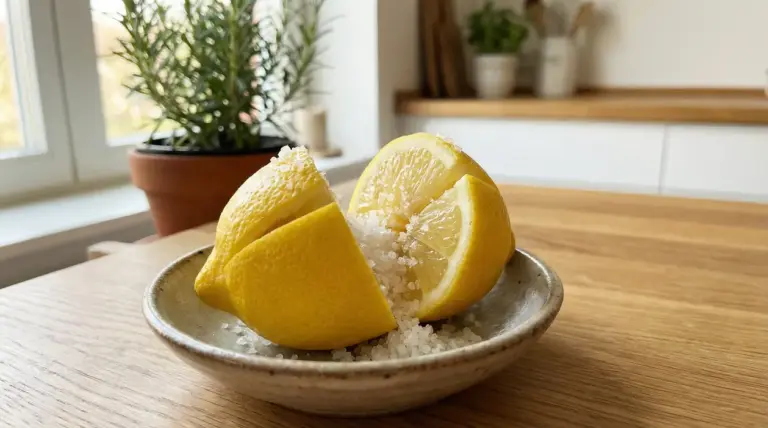 Limone tagliato a spicchi con sale grosso in una ciotola, usato come profumatore naturale per la casa