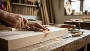 Mani di un falegname che liscia una tavola di legno con uno scalpello, creando riccioli di truciolo sul banco