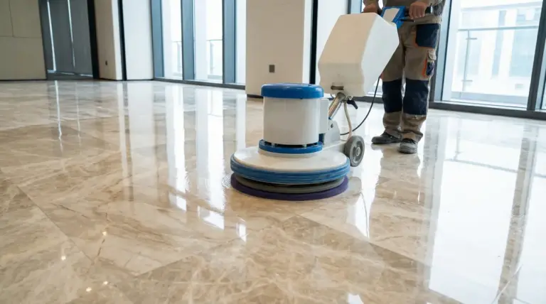 Lucidatura professionale di un pavimento in marmo con monospazzola in un ambiente moderno e luminoso