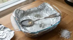 Bacinella con alluminio, sale e oggetti in argento ossidato immersi per la pulizia domestica