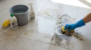 Mano con guanto che strofina macchie su pavimento in gres con spugna e detergente, accanto a secchio e prodotti