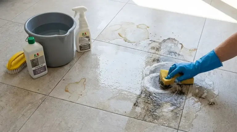 Mano con guanto che strofina macchie su pavimento in gres con spugna e detergente, accanto a secchio e prodotti