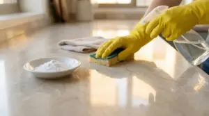 Mani con guanti puliscono e lucidano un piano in marmo con spugna e spray, accanto a una ciotola di polvere