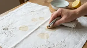 Mano che tampona macchie marroni su tovaglia antica ricamata con panno, con ciotola e mezzo limone sul tavolo