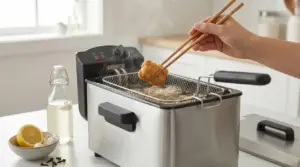 Una persona usa bacchette per friggere del cibo in una friggitrice domestica
