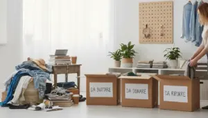 Persona che organizza oggetti in scatole etichettate in una stanza ordinata