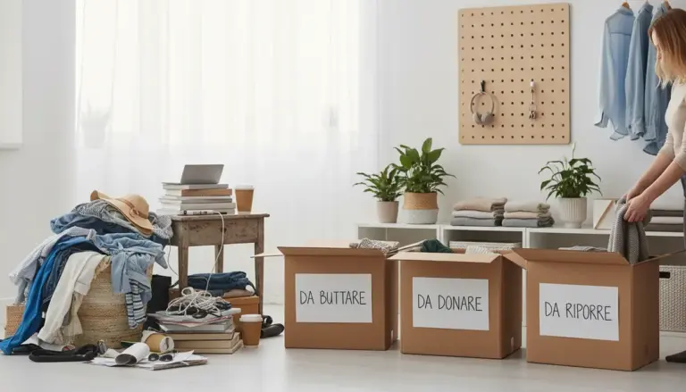 Persona che organizza oggetti in scatole etichettate in una stanza ordinata