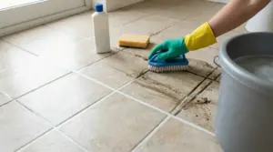 Una mano con guanto pulisce le fughe nere del pavimento con una spazzola