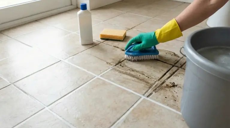 Una mano con guanto pulisce le fughe nere del pavimento con una spazzola