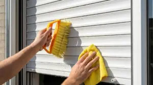 Mani puliscono una tapparella bianca con spazzola e panno in microfibra