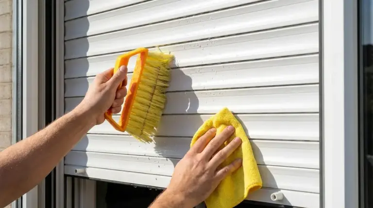 Mani puliscono una tapparella bianca con spazzola e panno in microfibra