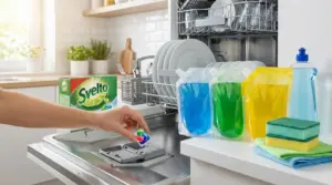 Mano che inserisce una capsula detergente nella lavastoviglie aperta, con stoviglie e prodotti per il lavaggio in cucina