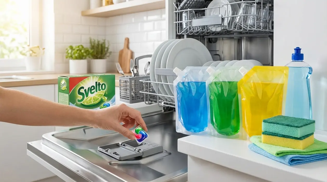 Mano che inserisce una capsula detergente nella lavastoviglie aperta, con stoviglie e prodotti per il lavaggio in cucina