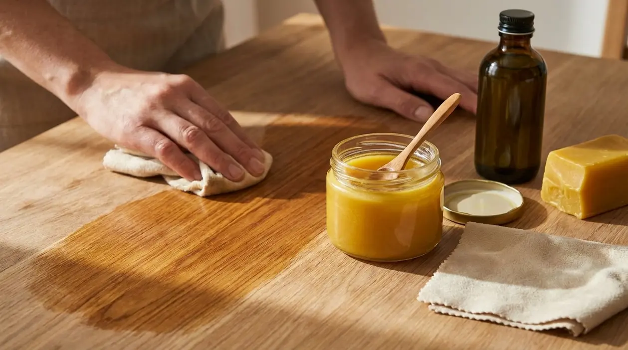 Mani che applicano un mix naturale su un mobile in legno con panno, barattolo di cera e flacone di olio