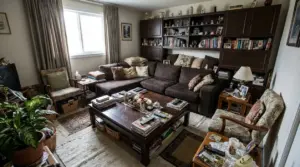 Salotto piccolo e pieno di mobili, con divano ad angolo, tavolino grande e libreria a parete molto carica