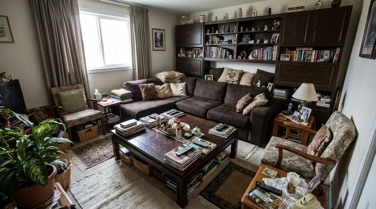 Salotto piccolo e pieno di mobili, con divano ad angolo, tavolino grande e libreria a parete molto carica