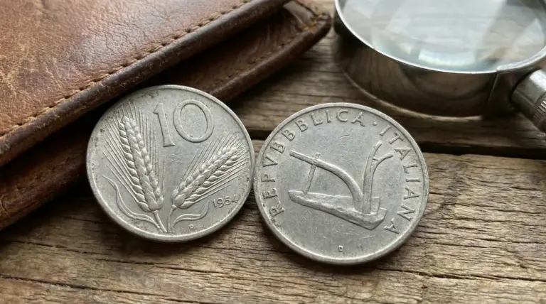Vecchie monete italiane da 10 lire con spiga e aratro su superficie in legno