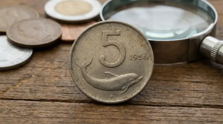 Moneta italiana da 5 lire del 1956 con delfino su sfondo di legno e lente d'ingrandimento