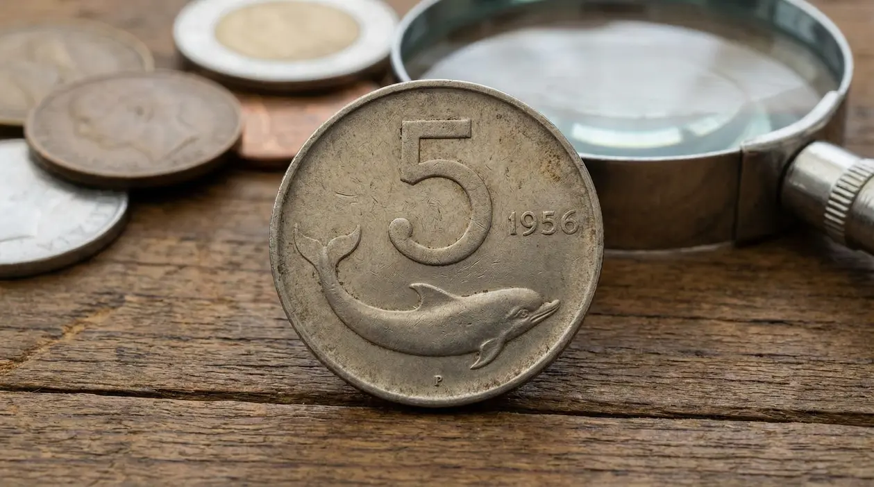 Moneta italiana da 5 lire del 1956 con delfino su sfondo di legno e lente d'ingrandimento