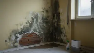 Parete interna con muffa nera e umidità diffusa vicino a una finestra, con intonaco danneggiato