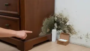 Muffa dietro un mobile in legno vicino a un deumidificatore anti-umidità appoggiato al muro