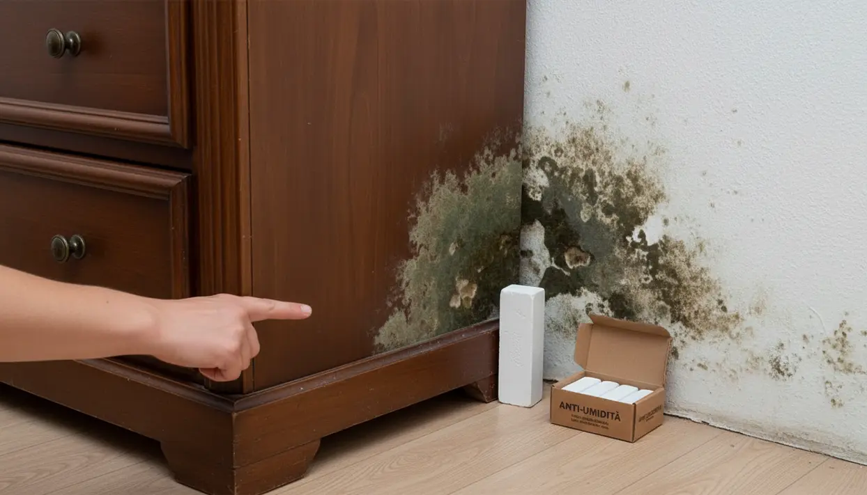 Muffa dietro un mobile in legno vicino a un deumidificatore anti-umidità appoggiato al muro