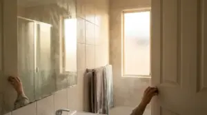 Persona che lascia socchiusa la porta del bagno dopo la doccia, con vapore e finestra aperta per arieggiare