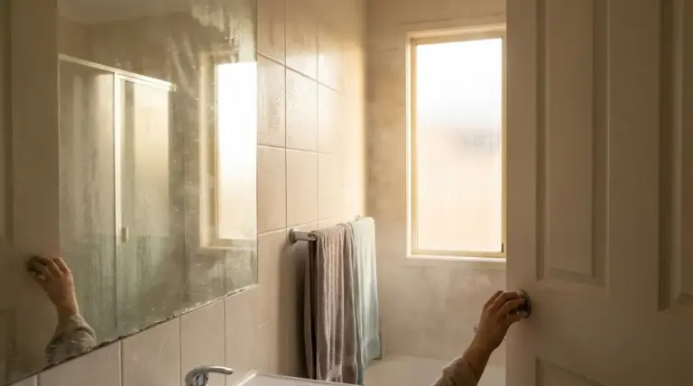 Persona che lascia socchiusa la porta del bagno dopo la doccia, con vapore e finestra aperta per arieggiare