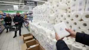 Persona tiene un pacco di carta igienica davanti a uno scaffale pieno in un supermercato.