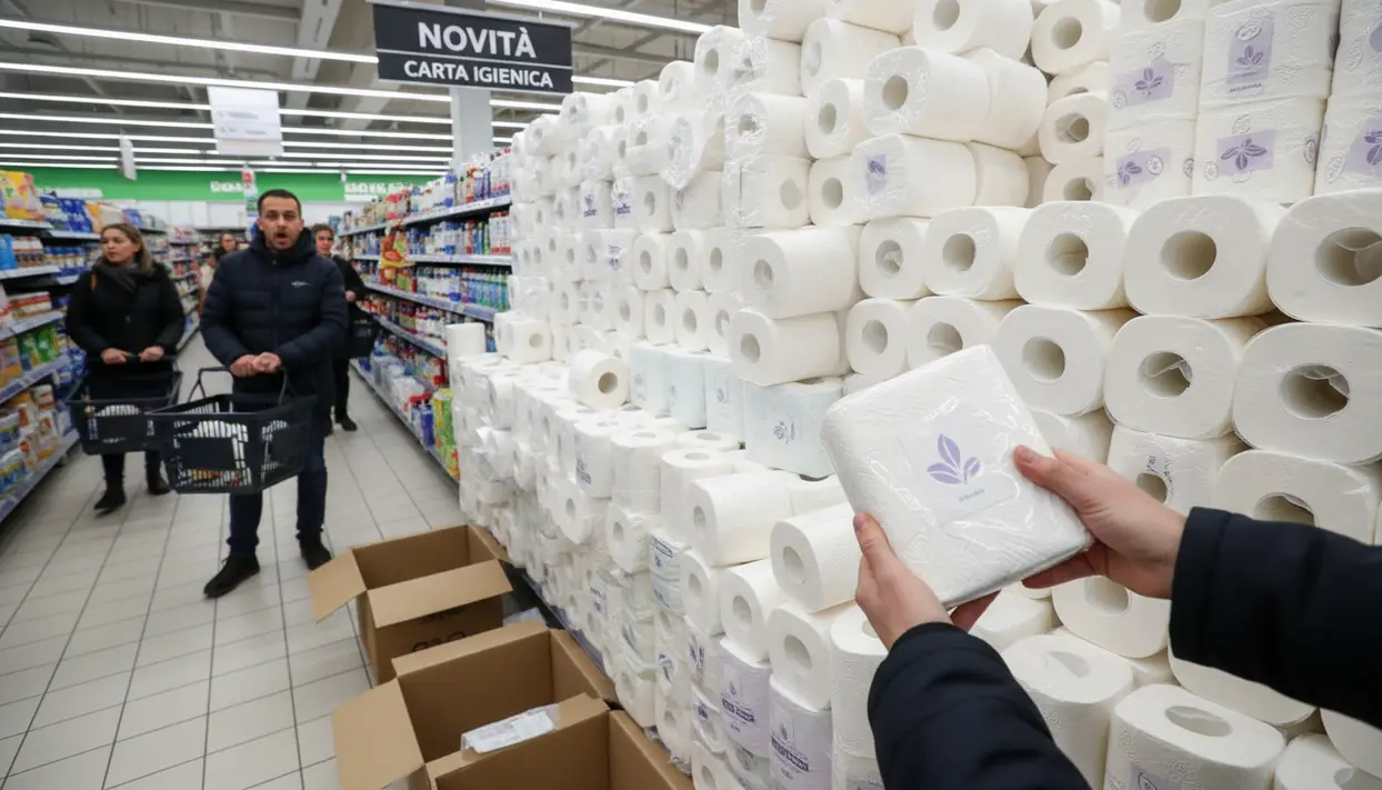 Persona tiene un pacco di carta igienica davanti a uno scaffale pieno in un supermercato.