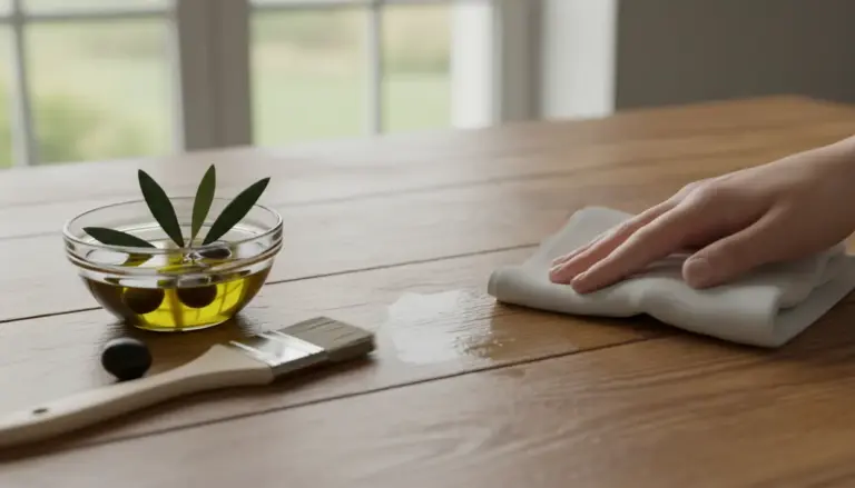 Mano che passa un panno su un tavolo in legno vicino a una ciotola di olio d’oliva e un pennello