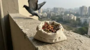Piccione in volo vicino a un balcone con sacchetto di spezie repellenti contro i piccioni