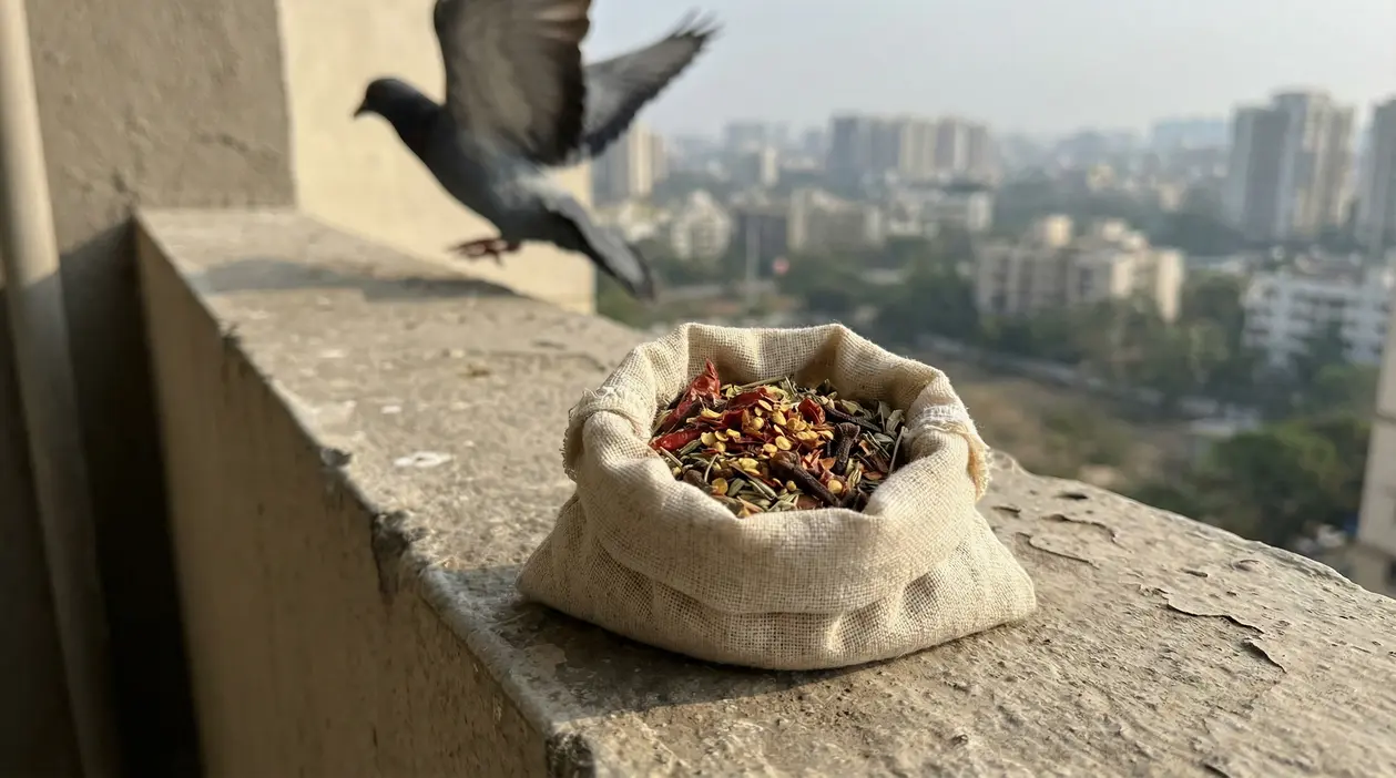Piccione in volo vicino a un balcone con sacchetto di spezie repellenti contro i piccioni