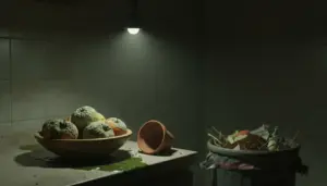 Ciotola di frutta marcia accanto a un bidone della spazzatura pieno in una cucina poco illuminata