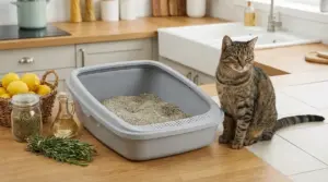 Gatto accanto alla lettiera in cucina con limoni, rosmarino e aceto come odori comuni da usare in casa