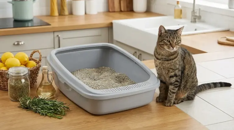 Gatto accanto alla lettiera in cucina con limoni, rosmarino e aceto come odori comuni da usare in casa