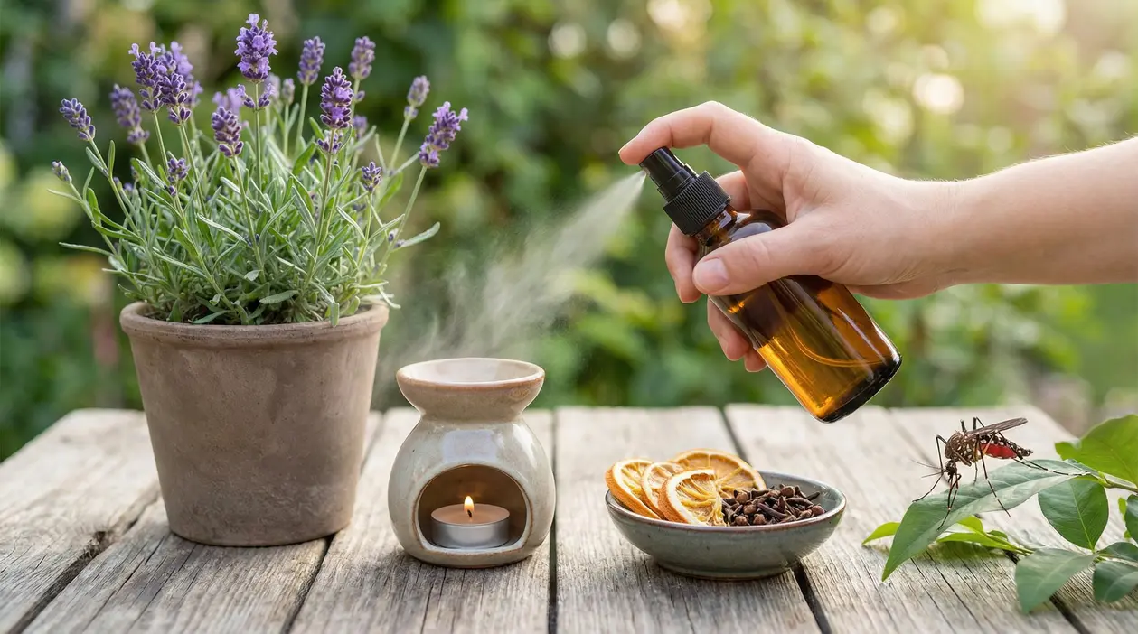 Spray naturale con oli essenziali accanto a lavanda, bruciatore e agrumi su tavolo, per allontanare gli insetti