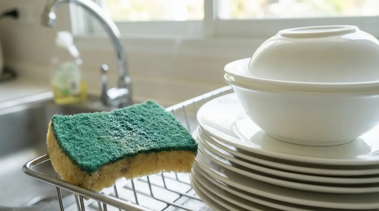 Spugna da cucina consumata accanto a piatti puliti sullo scolapiatti vicino al lavello