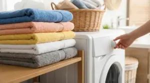 Asciugamani piegati accanto a una lavatrice mentre una persona imposta il lavaggio in bagno