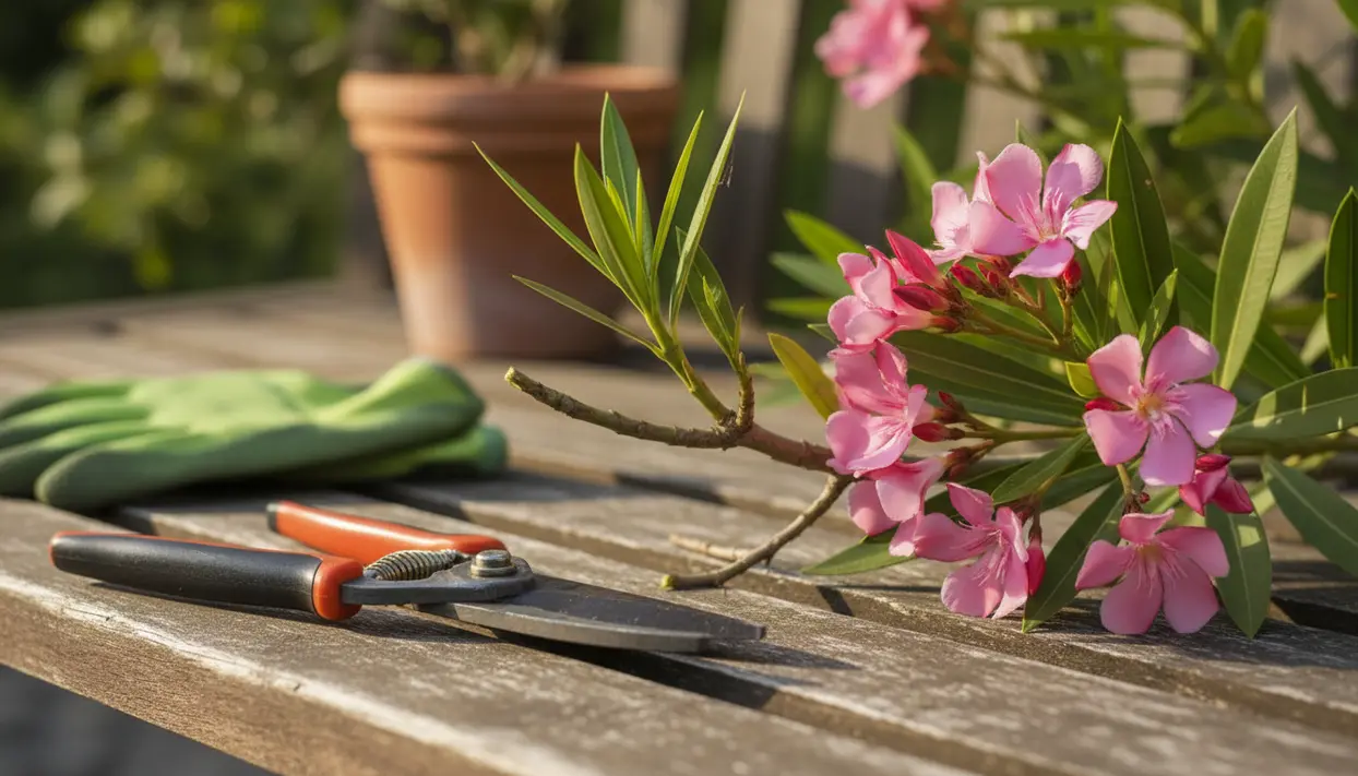 Ramo di oleandro reciso con fiori rosa su un tavolo da giardino con cesoie