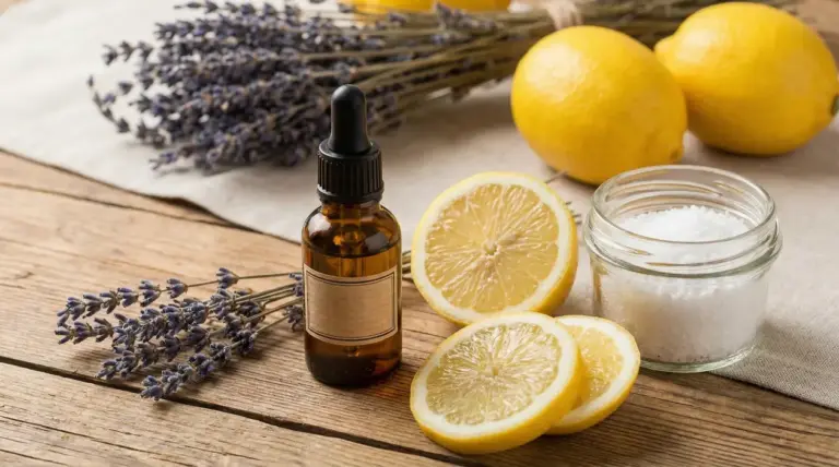 Flacone di olio essenziale con lavanda, limoni e sale su tavolo di legno per pulizie domestiche naturali