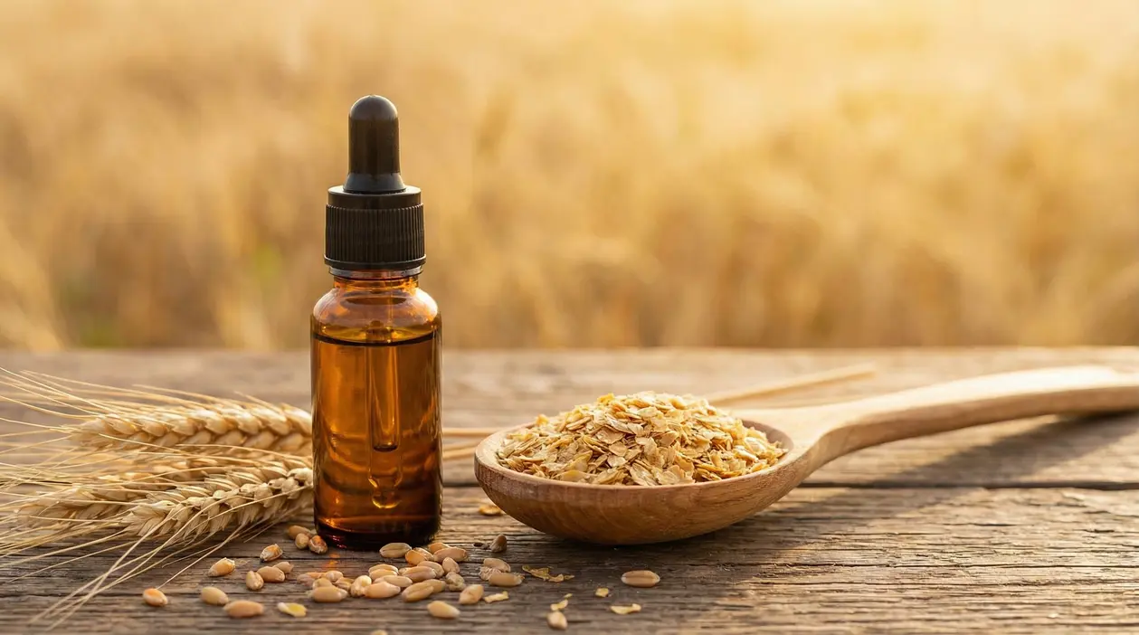 Bottiglietta di olio di germe di grano accanto a una cucchiaio di fiocchi e spighe su un tavolo in legno