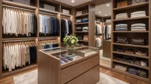 Cabina armadio ordinata con abiti appesi, maglioni piegati e cassettiere con divisori per accessori